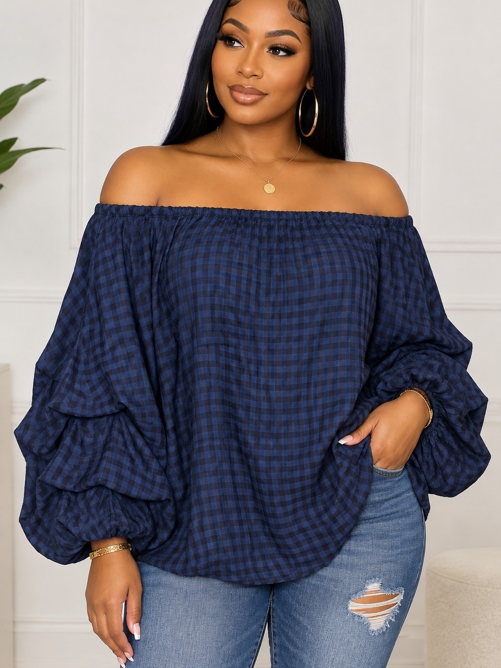 Off-Shoulder Navy Check Ruffle Sleeve Top